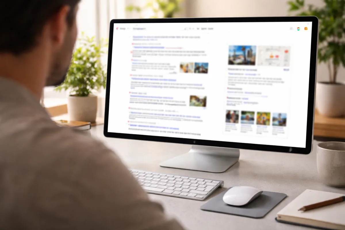 Person an einem modernen Arbeitsplatz blickt auf einen Bildschirm mit Suchergebnissen und hervorgehobenen Antwortboxen