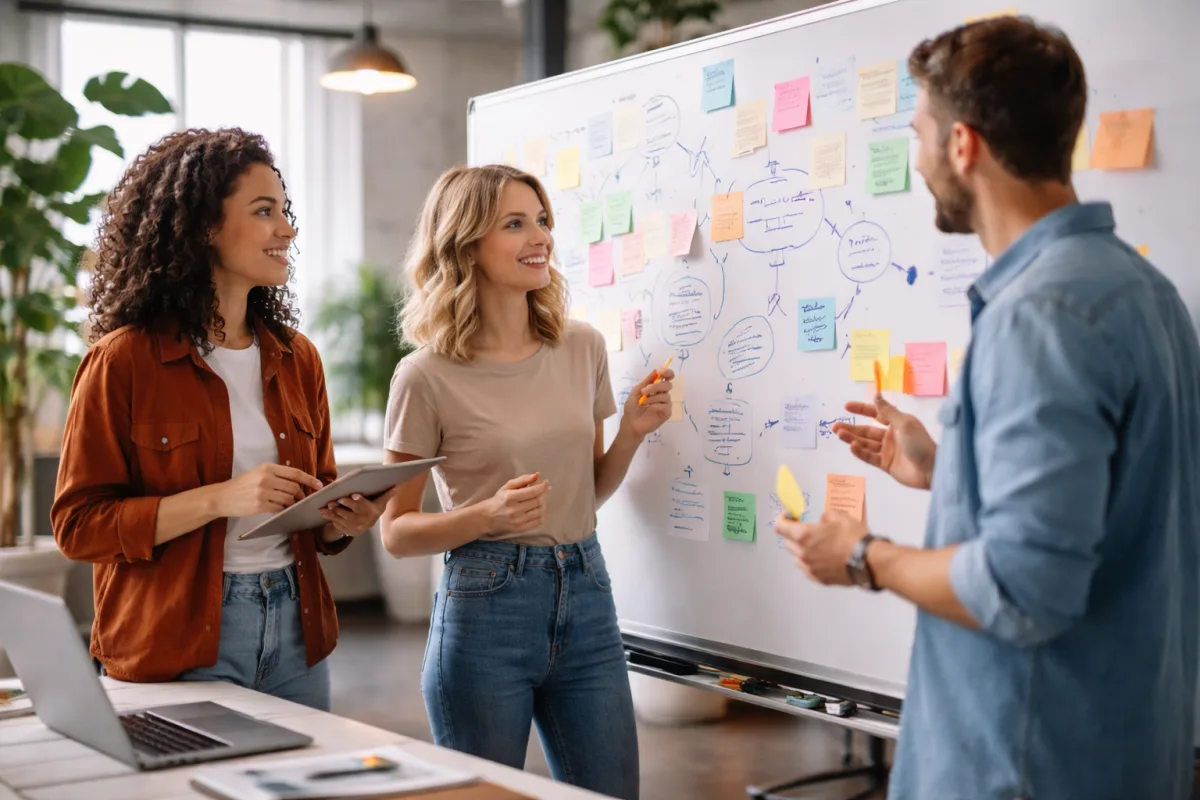 Marketingteam arbeitet gemeinsam an einer Content-Strategie an einem Whiteboard in einem modernen Büro