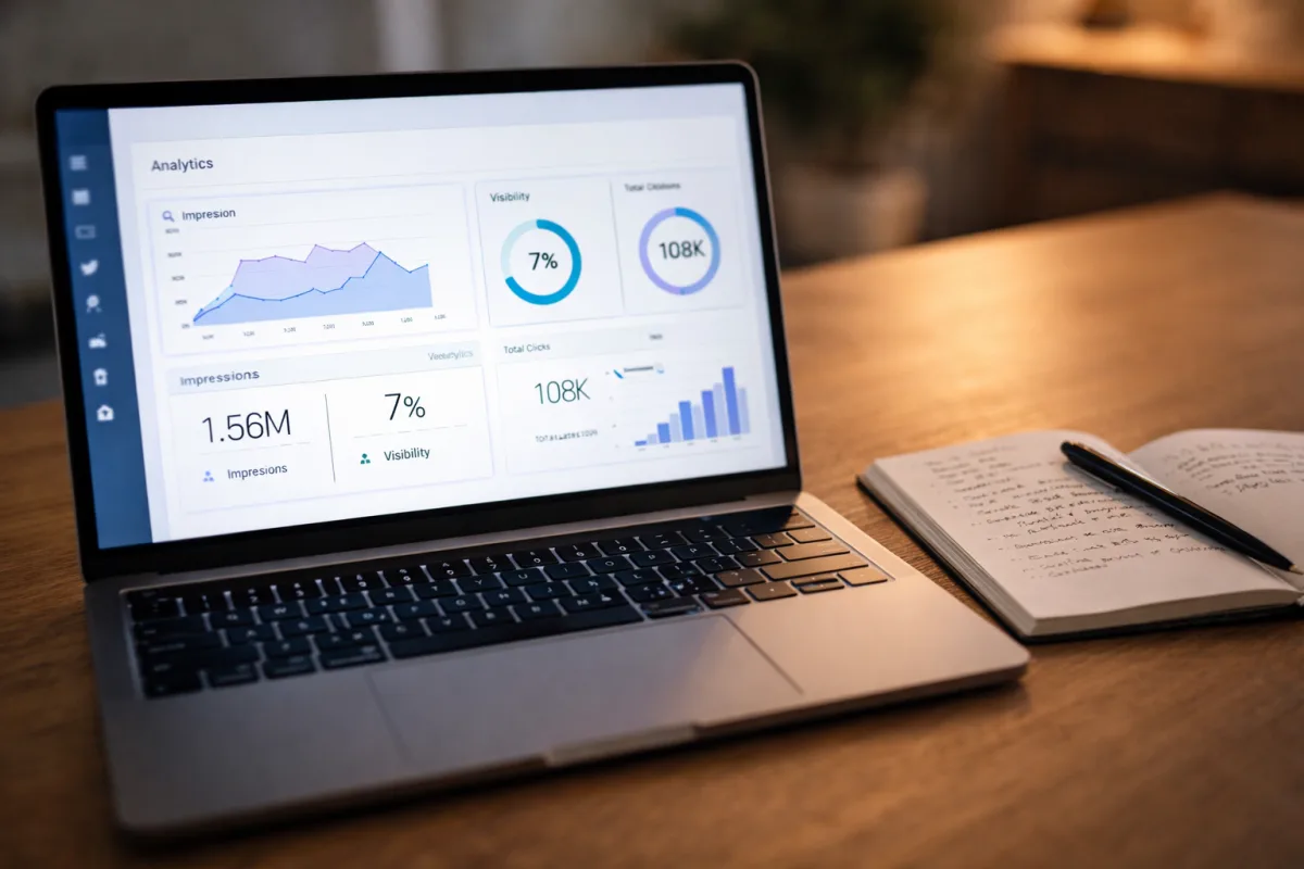 Laptop mit einem Analyse-Dashboard für Impressionen und Sichtbarkeit neben einem Notizbuch auf einem Holzschreibtisch