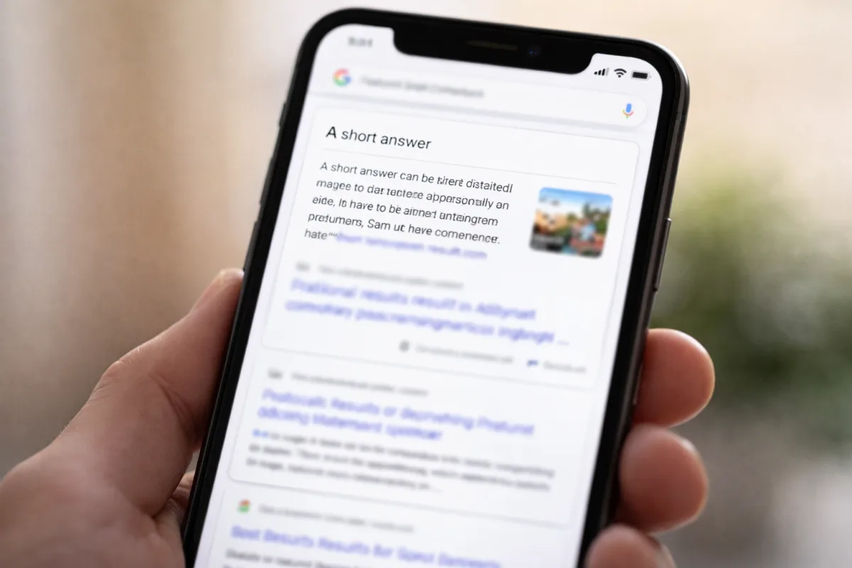 Smartphone-Bildschirm mit einer Google-Suche, bei der ein Featured Snippet die Antwort direkt anzeigt