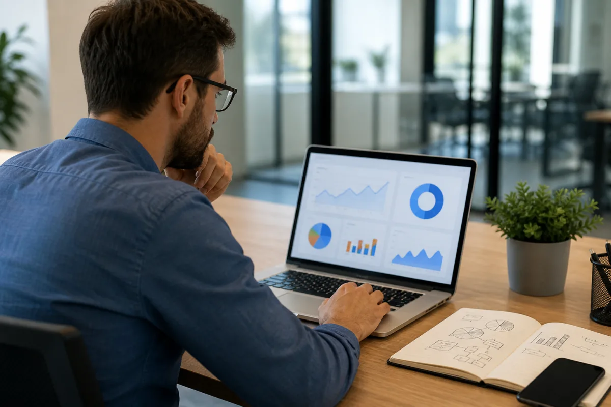Person analysiert Website-Daten am Laptop für bessere Sichtbarkeit in Suchsystemen