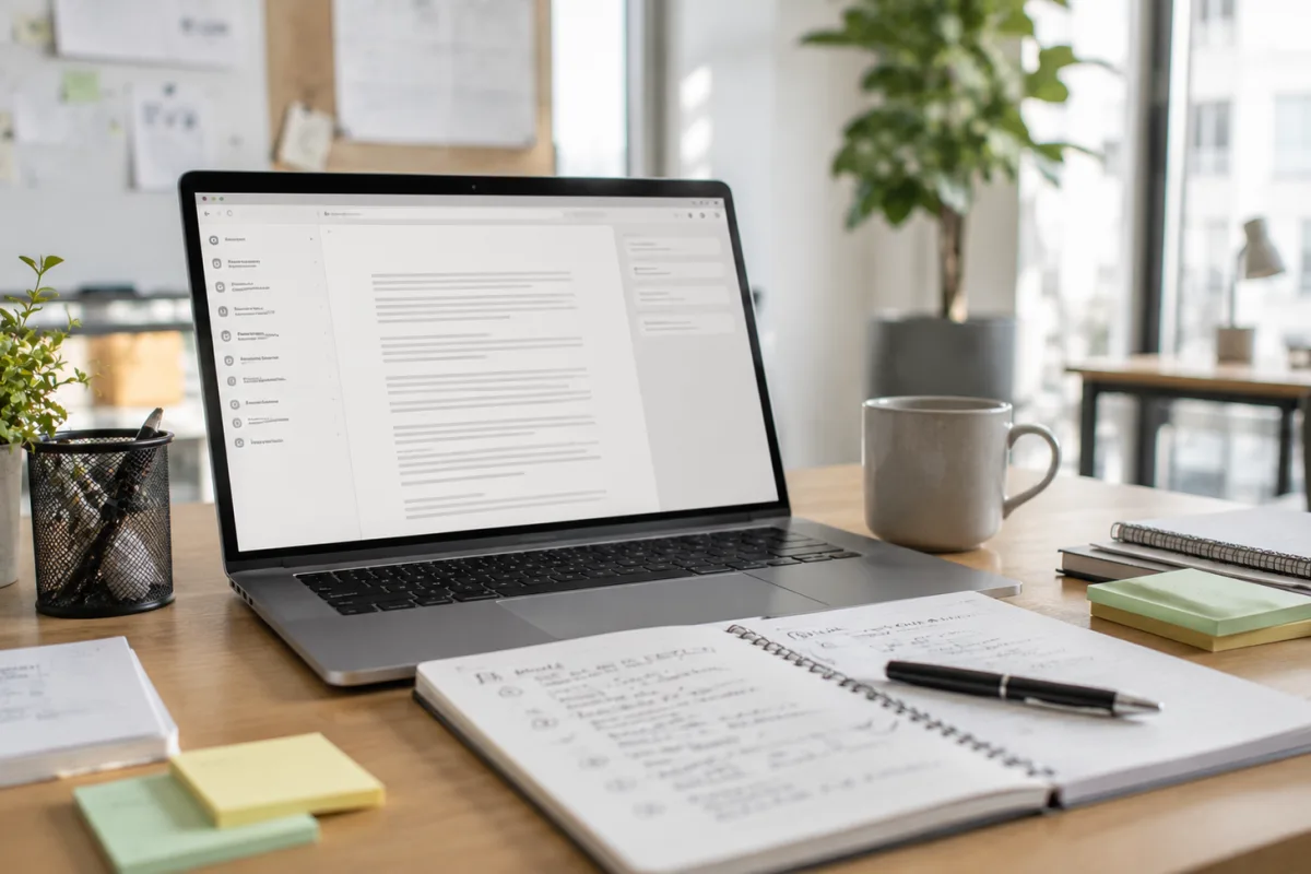 Laptop mit Dokumententwurf auf einem hellen Büroarbeitsplatz mit Notizen und Kaffeetasse