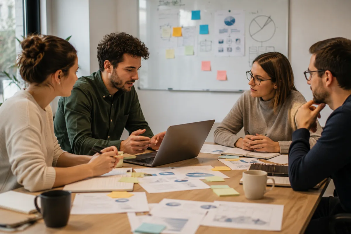 Besprechungstisch mit Laptop, Unterlagen und Haftnotizen für strukturierte Recherche im Büro