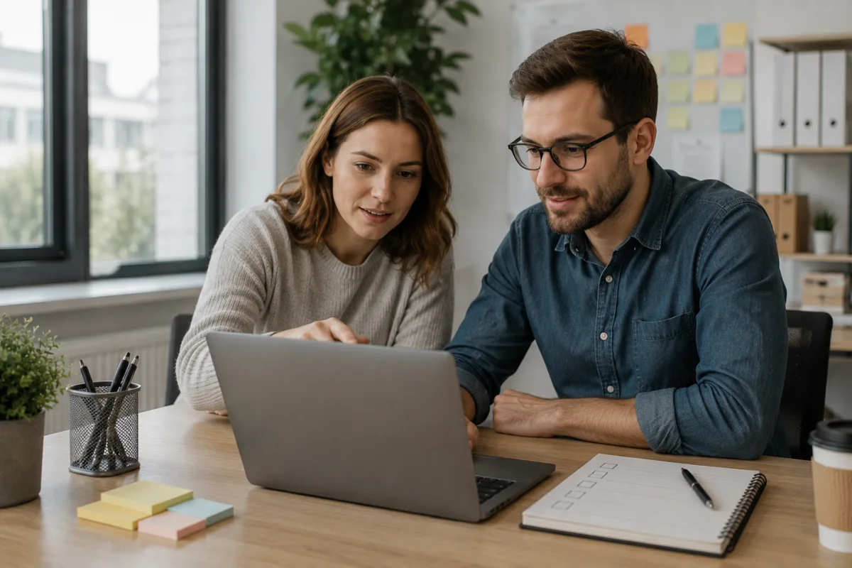 Zwei Personen schauen gemeinsam auf einen Laptop und planen Büroaufgaben mit einer Checkliste