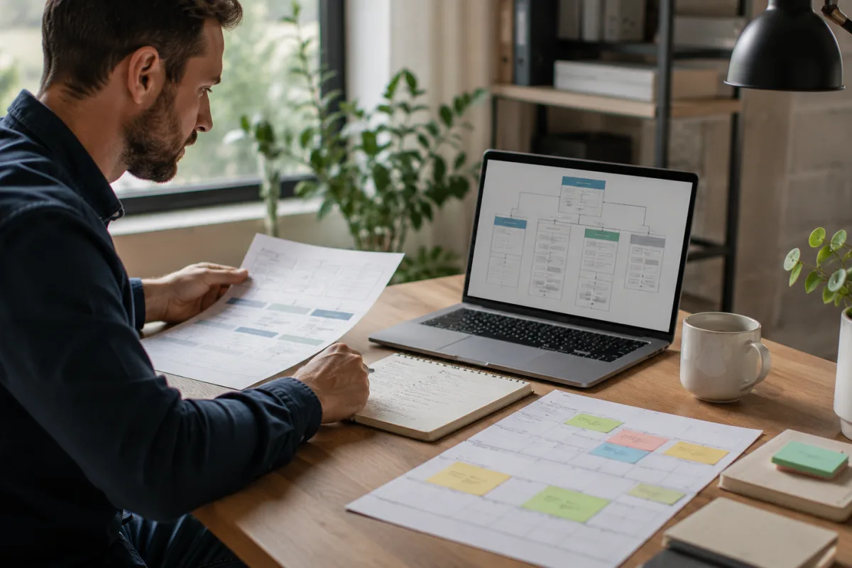 Kleine Website wird anhand von Notizen, Laptop und Content-Kalender strategisch überarbeitet
