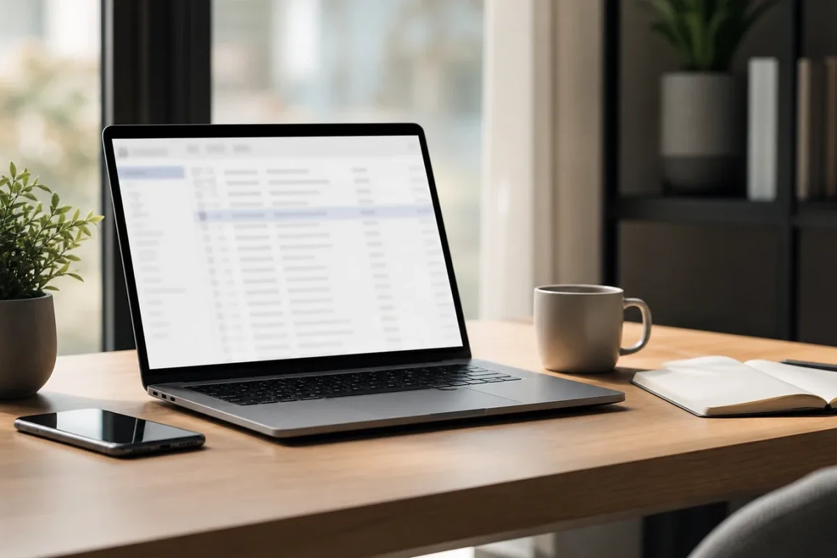 Moderner Arbeitsplatz mit Laptop, Smartphone und Notizbuch als Symbol für Newsletter und digitale Kundenkommunikation