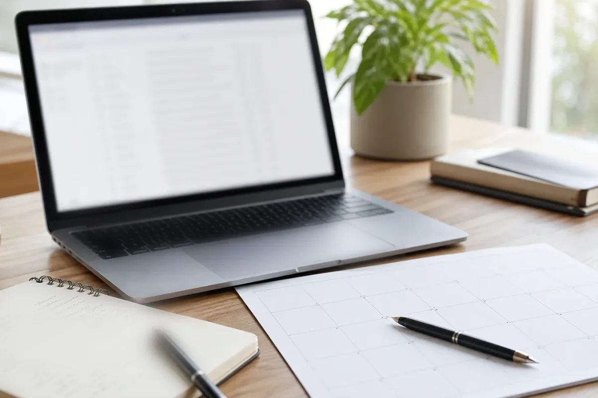 Laptop und Planungsunterlagen für einen regelmäßig erscheinenden Newsletter