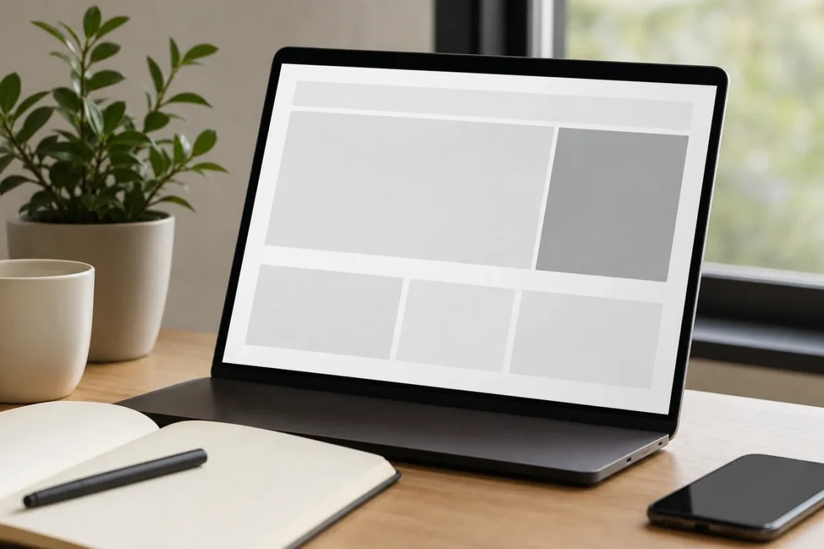 Schreibtisch mit Laptop und einer klar strukturierten Website-Startseite