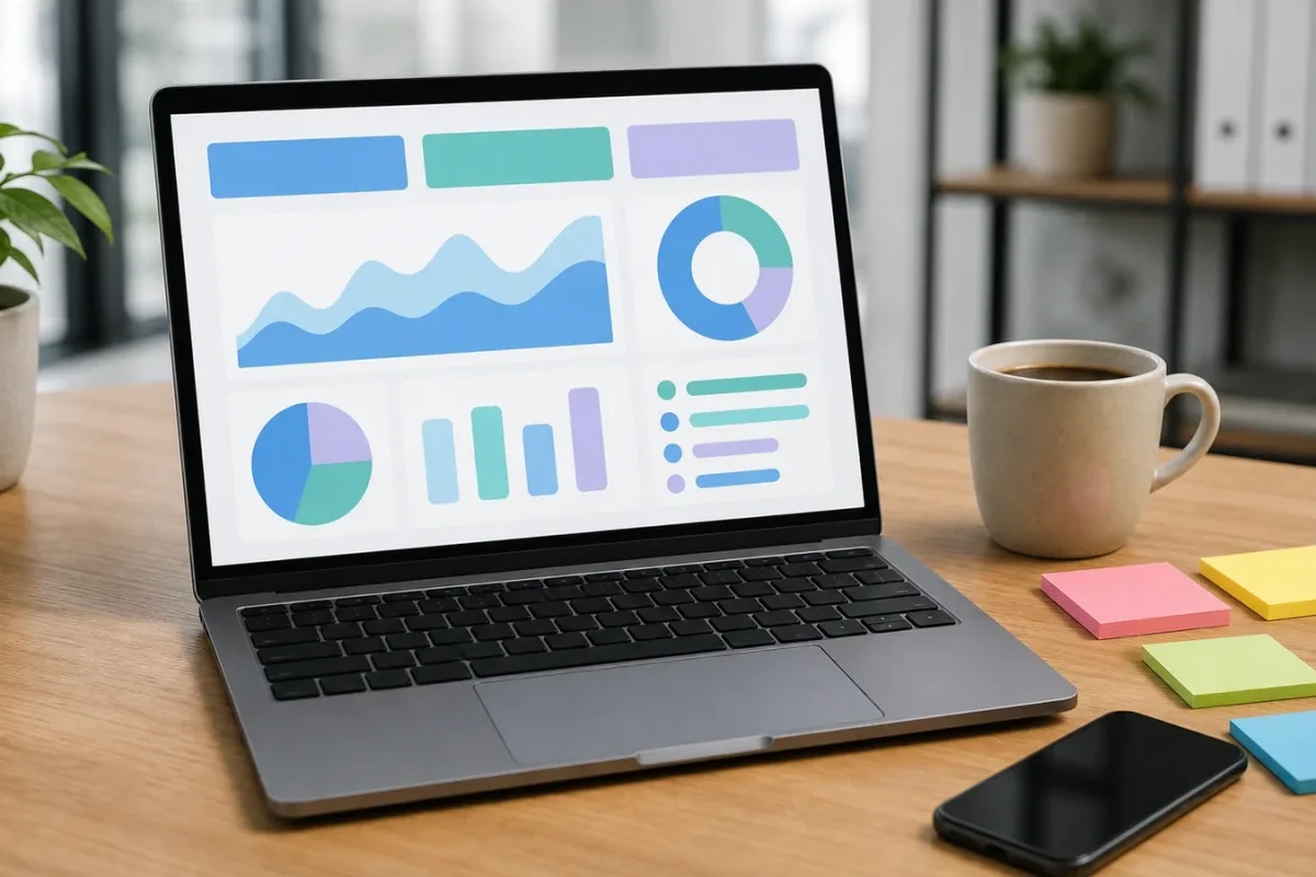 Laptop mit übersichtlicher Website-Analyse und Haftnotizen auf einem Schreibtisch