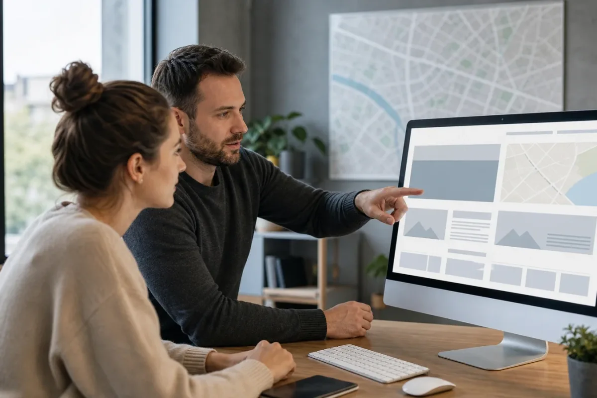Team eines kleinen Unternehmens plant lokale Inhalte fuer die eigene Website