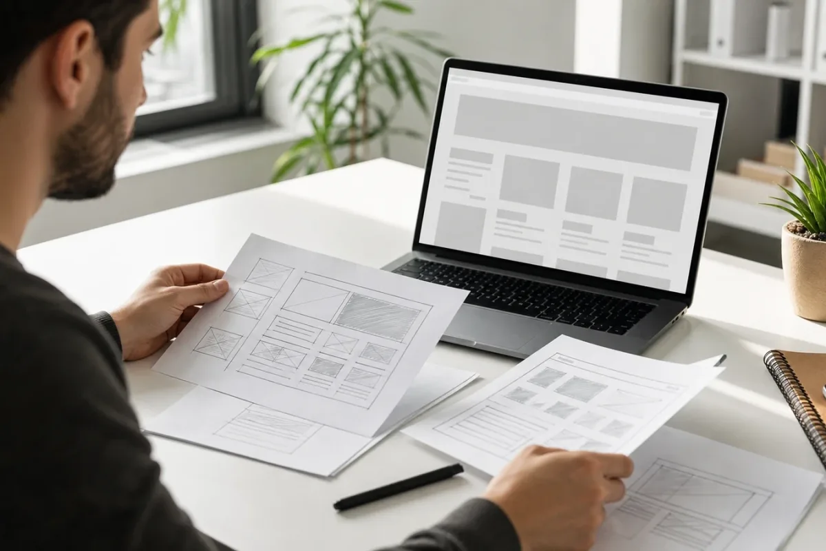 Geschaeftsinhaber prueft lokale Unternehmensdaten am Laptop und Smartphone