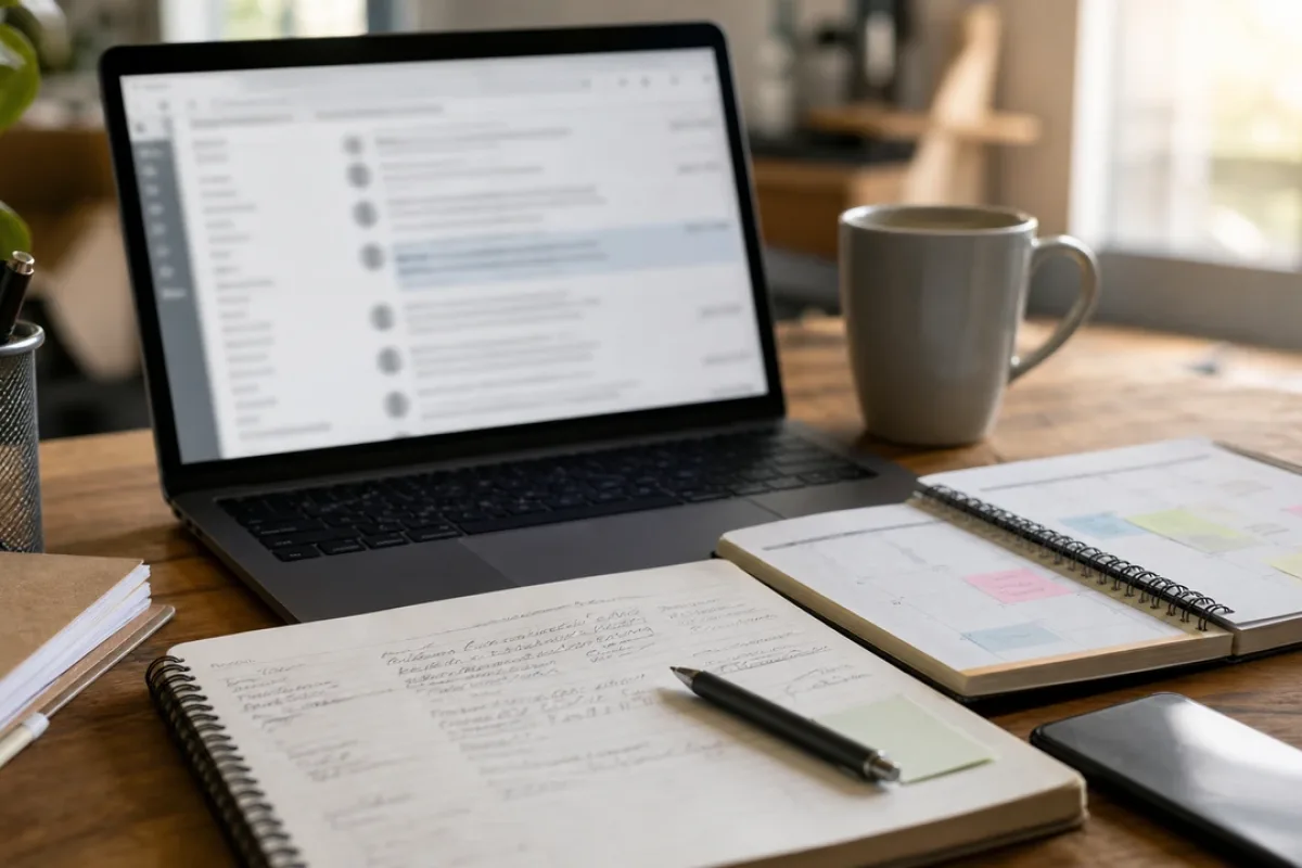 Arbeitsplatz mit Laptop, Notizen und Kalender zur Planung eines Newsletters