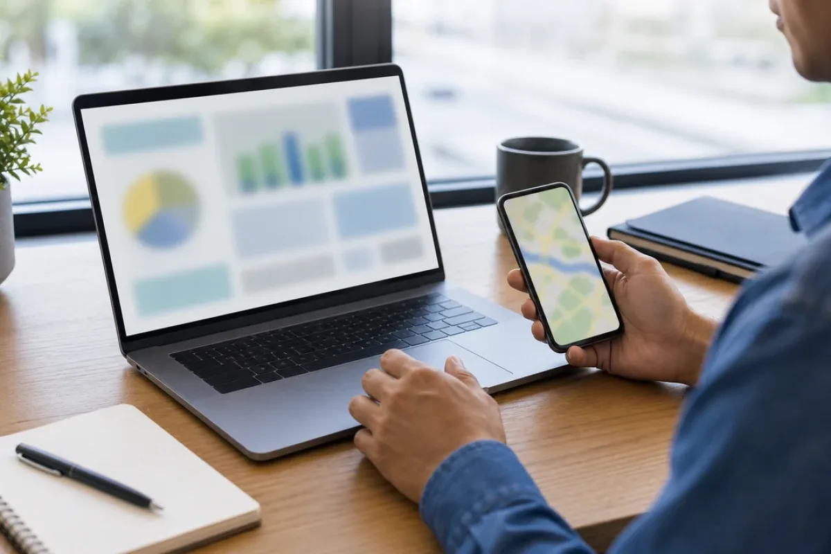 Person prüft lokale Unternehmensdaten auf Laptop und Smartphone