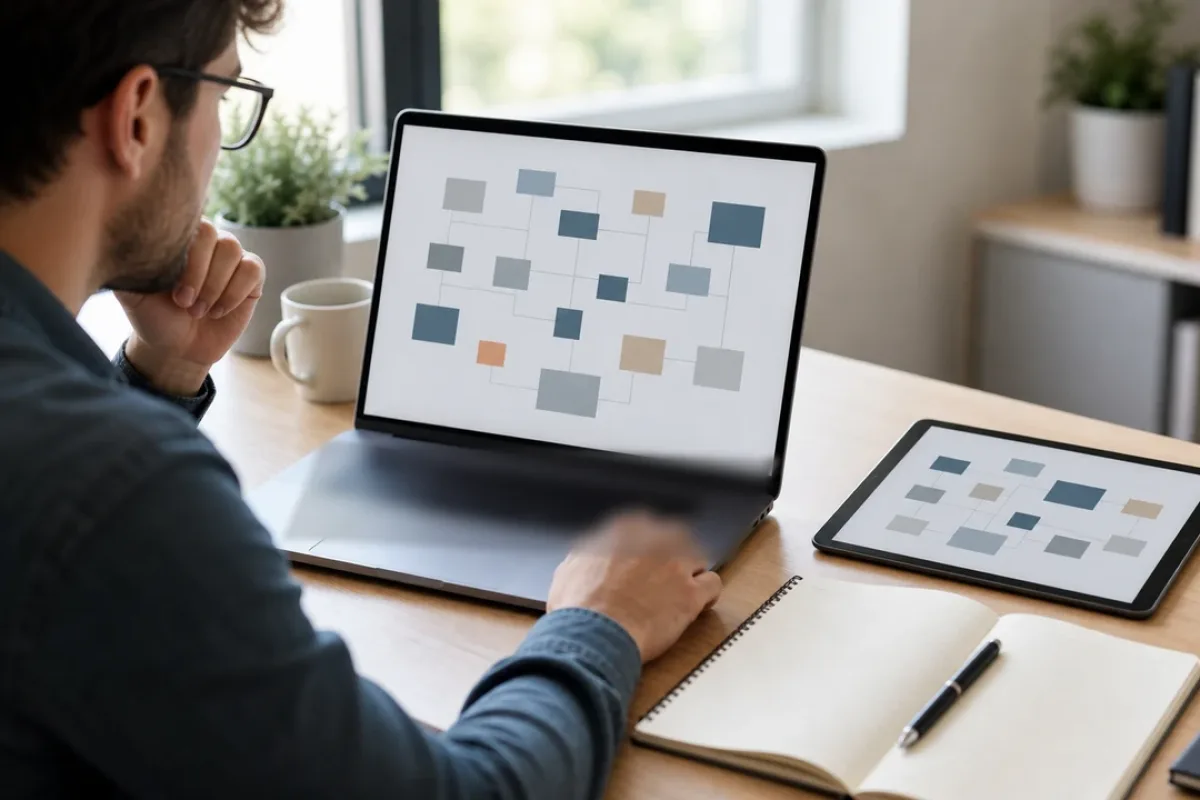 Person analysiert am Laptop die Struktur einer Website mit verbundenen Inhaltselementen