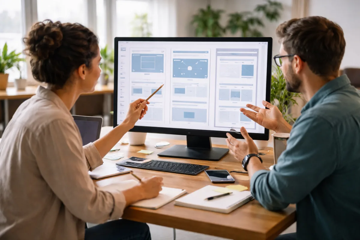 Designer und Entwickler arbeiten gemeinsam an Wireframes und Website-Entwürfen auf einem großen Bildschirm in einem hellen Büro