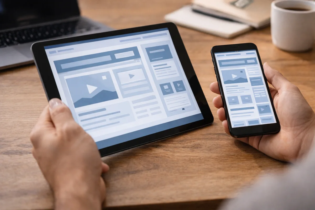 Person testet eine Website gleichzeitig auf einem Tablet und einem Smartphone auf einem Holztisch