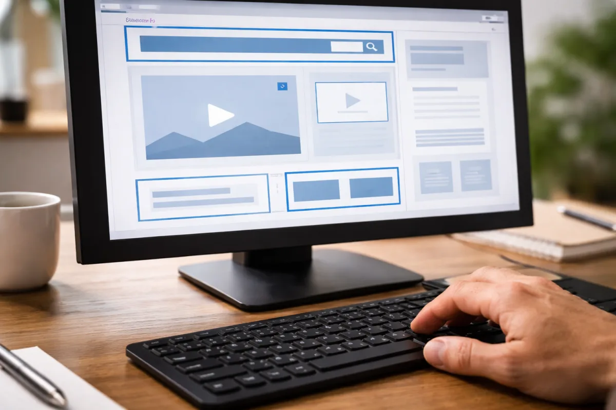 Hand bedient eine Tastatur zur Navigation einer Website mit sichtbaren Fokus-Markierungen auf interaktiven Elementen
