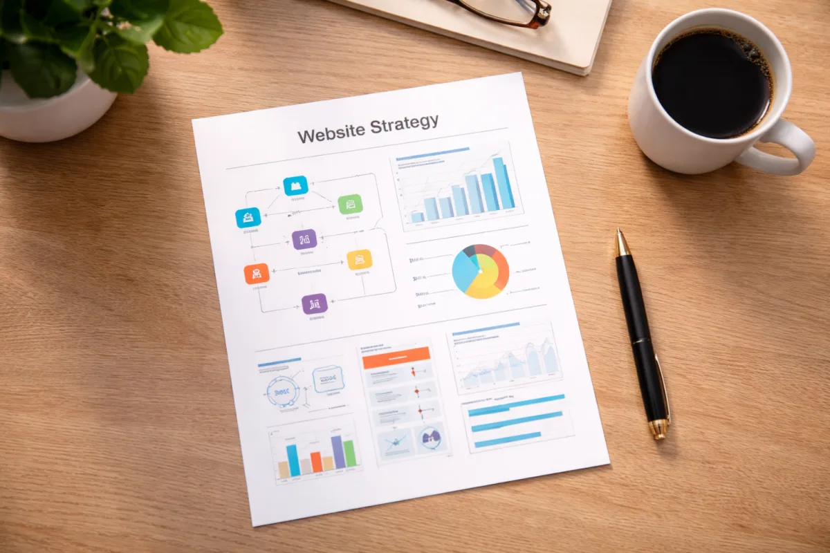 Ausgedrucktes Strategiedokument für eine Website auf einem aufgeräumten Schreibtisch neben einer Kaffeetasse