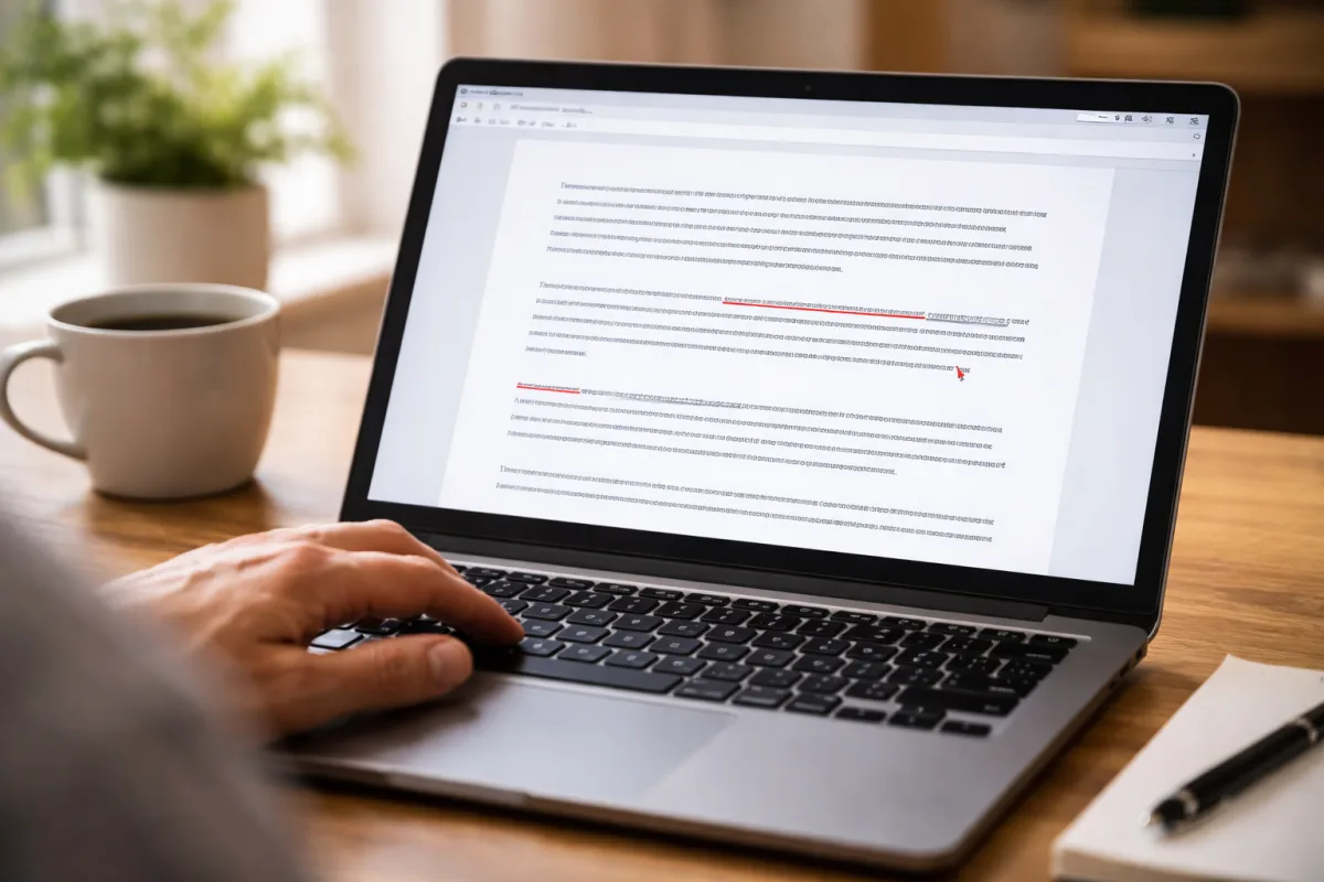 Person überarbeitet ein Textdokument am Laptop in einem hellen Homeoffice neben einer Kaffeetasse