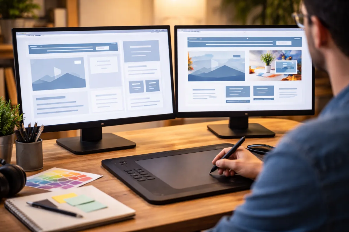 Grafikdesigner vergleicht ein KI-generiertes Bild und eine professionell bearbeitete Version auf zwei Bildschirmen