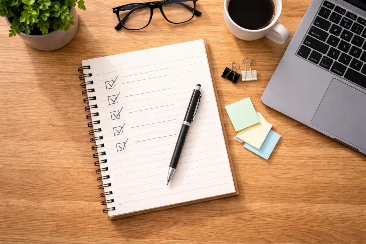 Notizbuch mit handgeschriebener Checkliste neben einem Laptop auf einem aufgeräumten Schreibtisch aus der Vogelperspektive