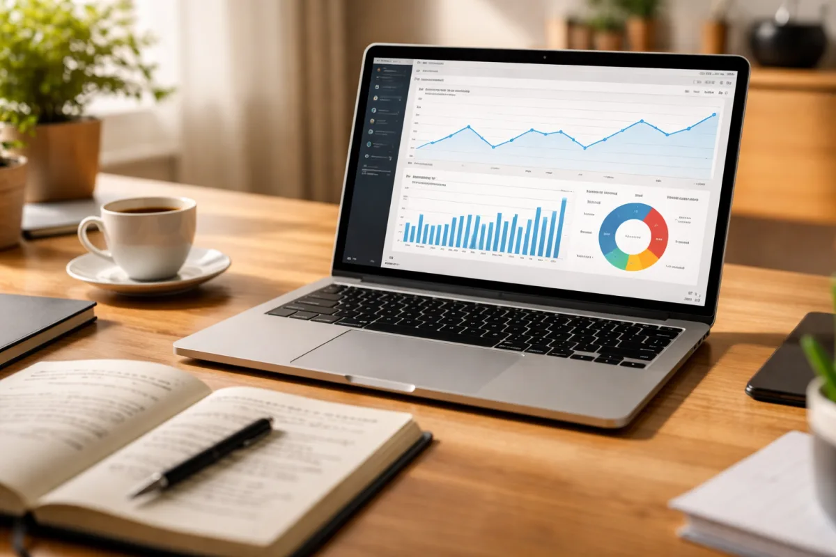 Moderner Arbeitsplatz mit Laptop, der Analyse-Grafiken zeigt, daneben ein Notizbuch und eine Tasse Kaffee bei Tageslicht
