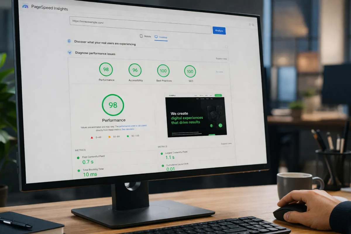 Nahaufnahme eines Computerbildschirms mit den Ergebnissen eines Website-Geschwindigkeitstests und grünen Performance-Werten