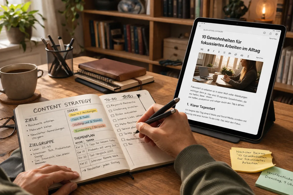 Person an einem Holzschreibtisch notiert eine Content-Strategie in einem Planer, daneben ein Tablet mit einem Artikelentwurf