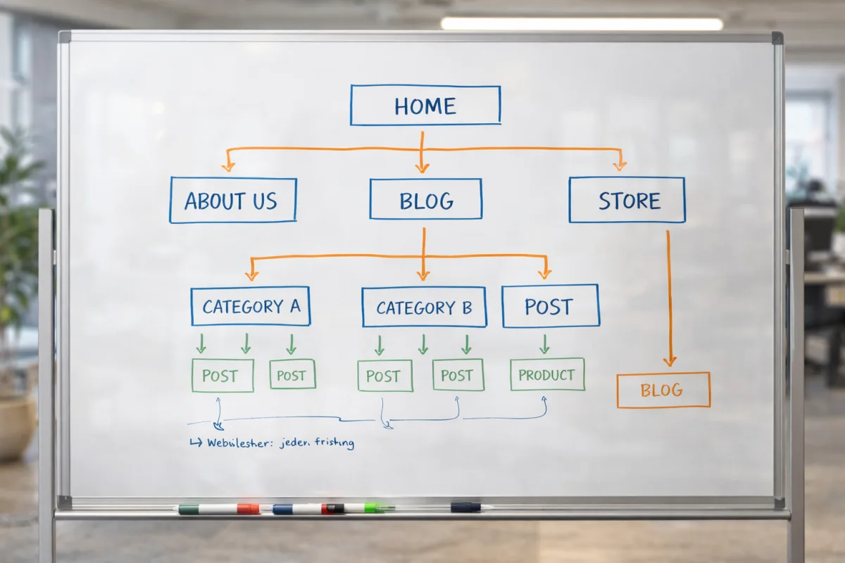 Whiteboard in einem Büro mit handgezeichnetem Website-Strukturdiagramm aus verbundenen Knoten und Pfeilen