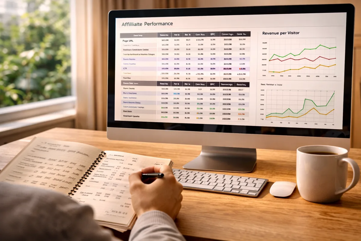 Arbeitsplatz mit Auswertung von Seitenleistung und Umsatz pro Besucher im Affiliate Marketing