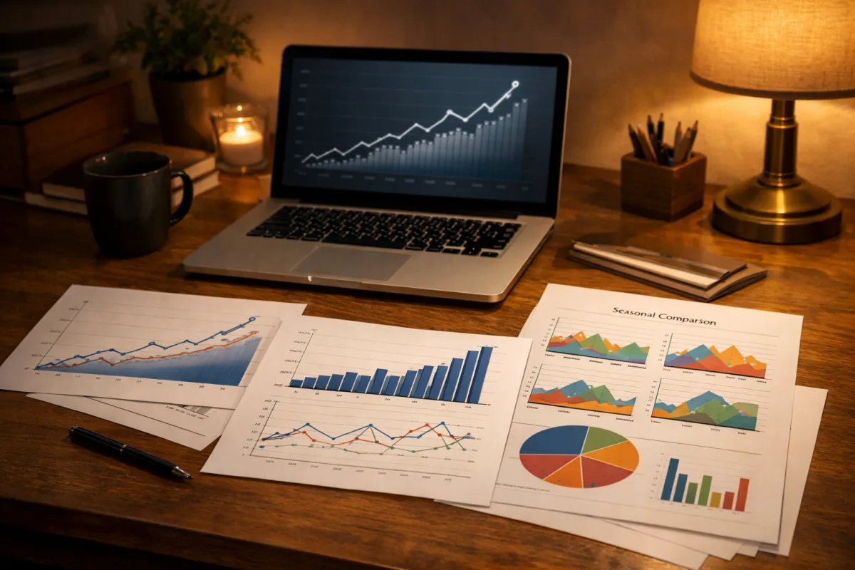 Arbeitsplatz mit langfristiger Trendanalyse und saisonalem Vergleich im Affiliate Marketing