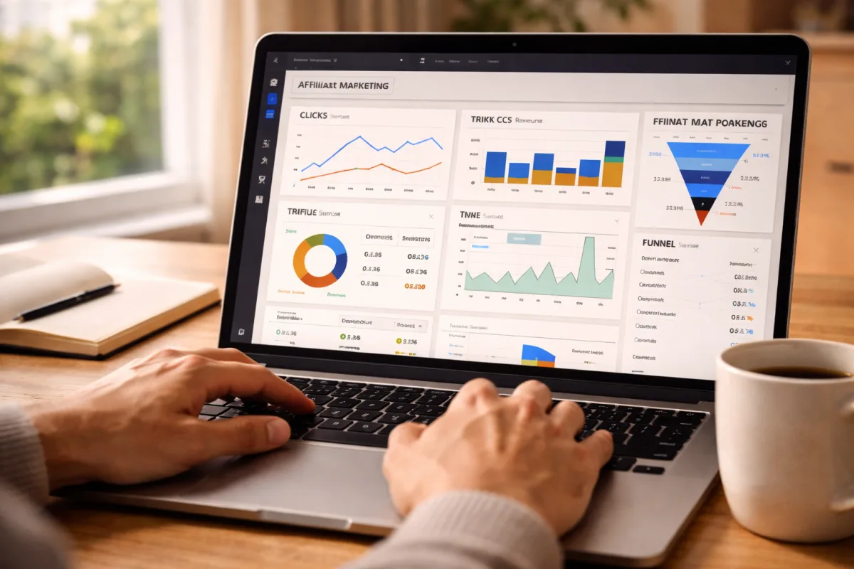 Nahaufnahme eines Laptops mit Diagrammen und Conversion-Auswertung im Affiliate Marketing