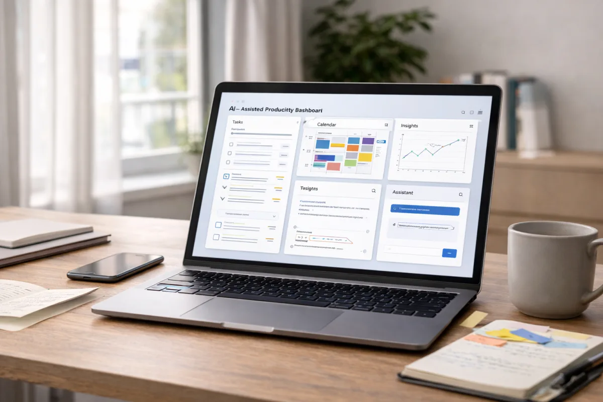 Aufgeraeumter Arbeitsplatz mit Laptop, Notizen und digitaler Arbeitsumgebung fuer strukturierte KI-gestuetzte Produktivitaet