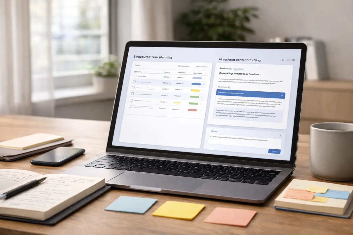 Strukturierter Schreibtisch mit Laptop, Notizen und geordnetem digitalen Workflow fuer KI-gestuetztes Arbeiten