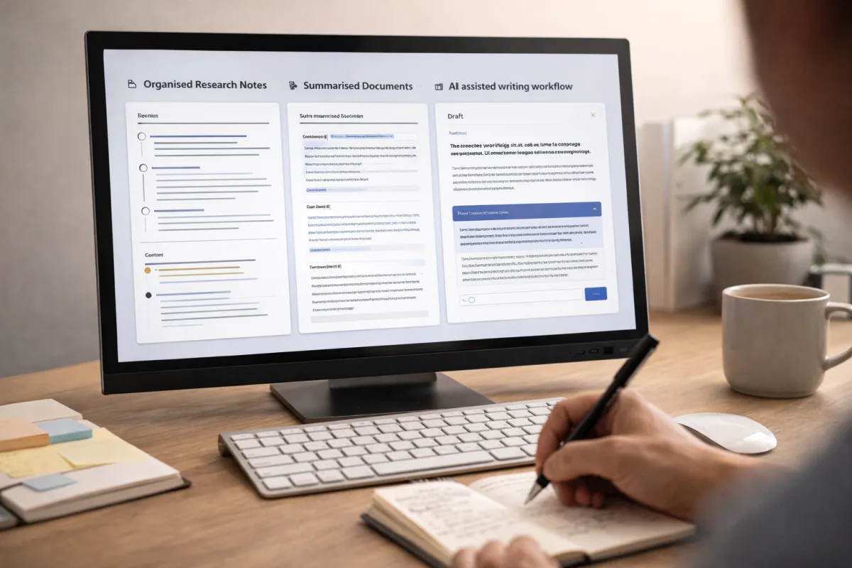 Arbeitsplatz mit zusammengefassten Notizen und KI-gestuetzter Recherche- und Schreibarbeit am Bildschirm