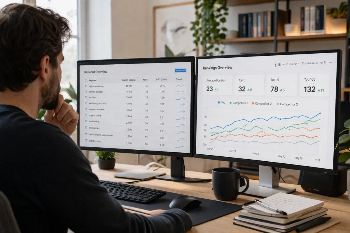 Person vergleicht Keyword-Daten und Ranking-Diagramme auf zwei Bildschirmen im Home-Office