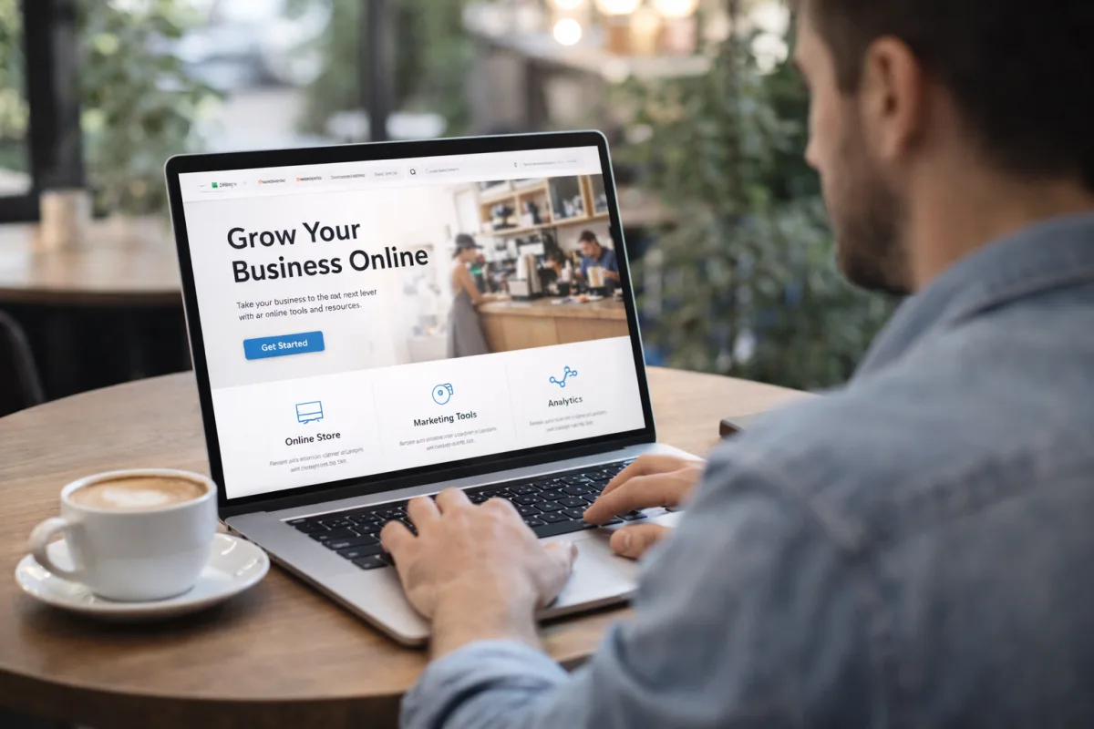 Kleinunternehmer arbeitet am Laptop in einem Café und überprüft seine Website