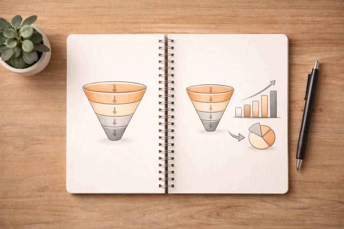 Schreibtisch mit aufgeschlagenem Notizbuch und handgezeichneten Funnel-Skizzen zur Conversion-Optimierung
