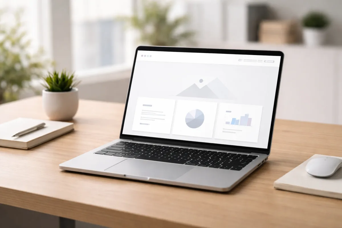 Laptop-Bildschirm zeigt modernen Website-Header im Bürosetting, symbolisch für den ersten digitalen Eindruck und die Bedeutung des sichtbaren Bereichs