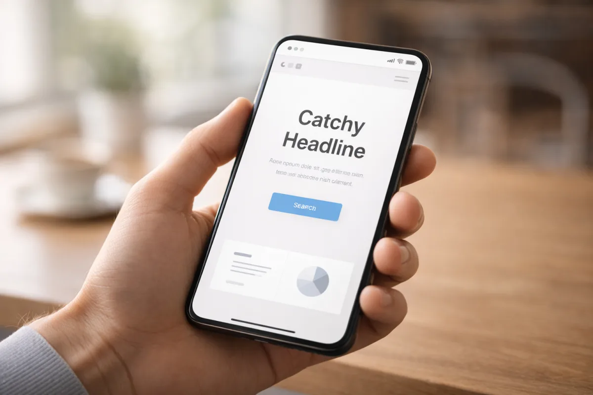 Smartphone zeigt optimierten Website-Header in Café-Umgebung, Demonstration des mobilen Above-the-Fold-Bereichs