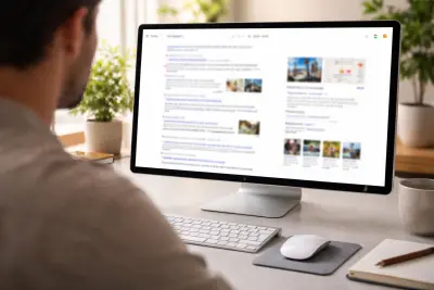 Person an einem modernen Arbeitsplatz blickt auf einen Bildschirm mit Suchergebnissen und hervorgehobenen Antwortboxen