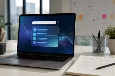 Moderner Arbeitsplatz mit Laptop und Notizbuch zur Planung von Website-Inhalten für KI-gestützte Suche