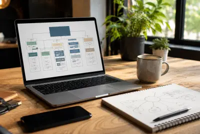 Moderner Arbeitsplatz mit Laptop, Notizbuch und visueller Themenstruktur für Content-Planung