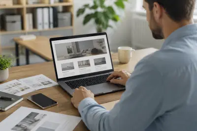 Person prüft eine professionelle Website auf einem Laptop in einem hellen Büro