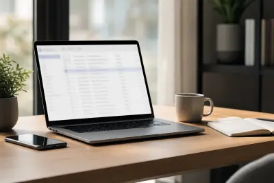 Moderner Arbeitsplatz mit Laptop, Smartphone und Notizbuch als Symbol für Newsletter und digitale Kundenkommunikation