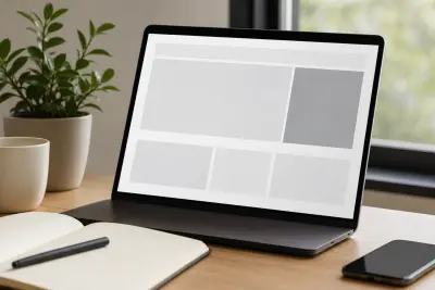 Schreibtisch mit Laptop und einer klar strukturierten Website-Startseite