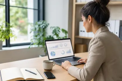 Unternehmerin wertet in einem kleinen Büro E-Mail-Marketing-Kennzahlen am Laptop aus