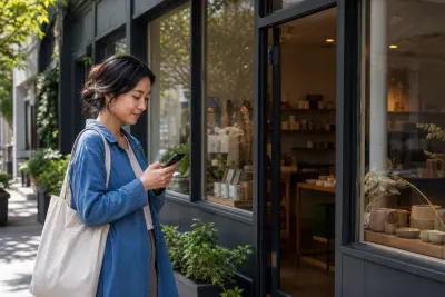 Person prüft vor einem lokalen Geschäft ein Unternehmensprofil auf dem Smartphone
