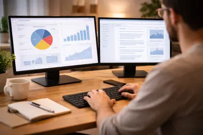 Person arbeitet an einem modernen Arbeitsplatz mit zwei Bildschirmen, auf denen Datenvisualisierungen und ein Dokument zu sehen sind