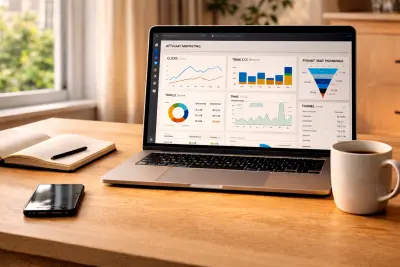 Arbeitsplatz mit Laptop und Analyse-Dashboard für Affiliate-Marketing-Kennzahlen